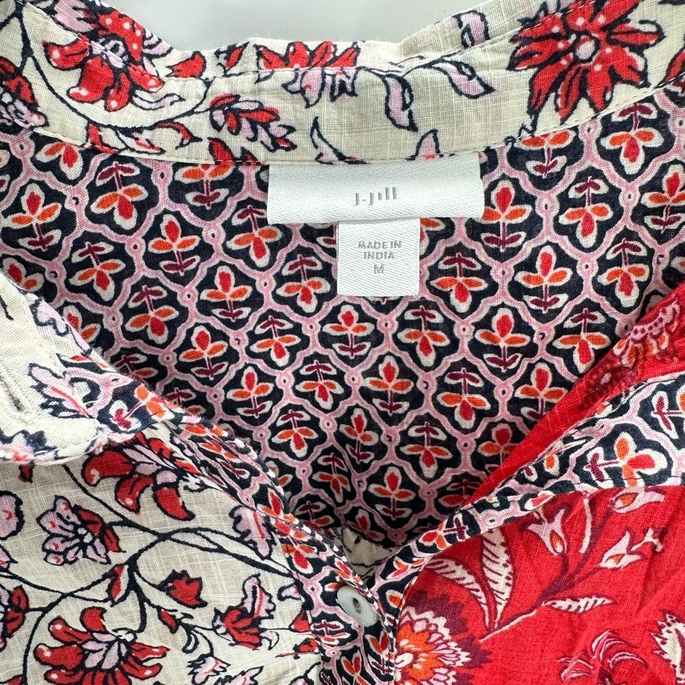 J.Jill Patchwork Floral Button Front Shirt Women’s Medium Red Cream Cotton Boho - Picture 4 of 8